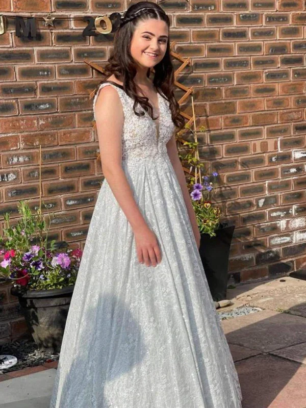 Take Advantage A Line V Neck White Lace Long Prom Dresses, White Lace Formal Dresses, White Evening Dresses SP2146