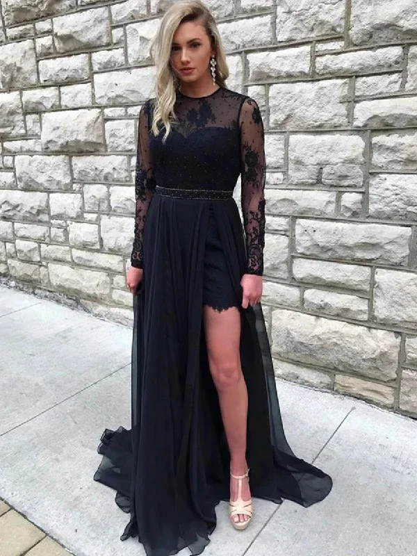 satin midi dresssatin midi dressRound Neck Long Sleeves Open Back Lace Black Prom Dresses with Slit, Long Sleeves Black Lace Formal Dresses, Black Evening Dresses