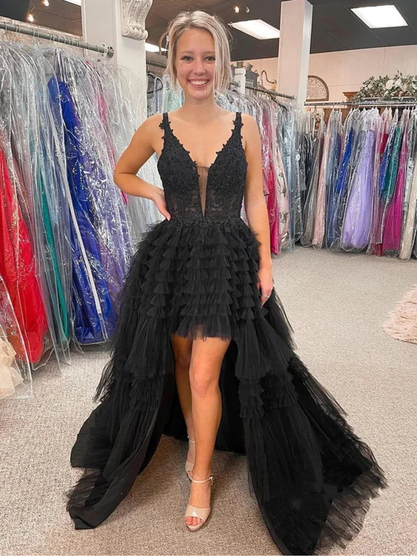 playful dressplayful dressV Neck Backless High Low Beaded Black Lace Long Prom Dresses, Backless Black Formal Dresses, Black Lace Evening Dresses SP2368