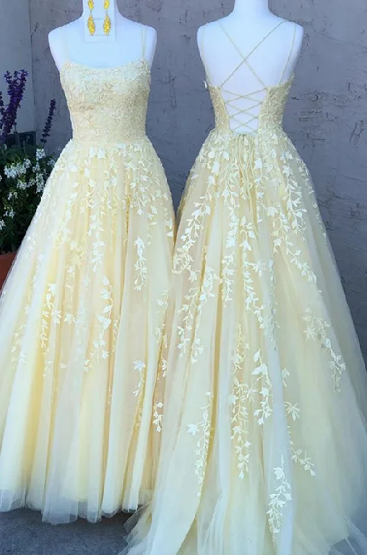 elegant dresselegant dressSpaghetti Straps Yellow Lace Prom Dress