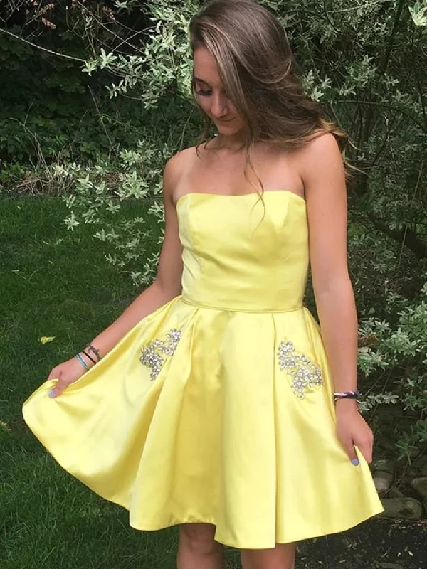 minimalistic dressminimalistic dressStrapless Short Yellow Prom Dresses with Pockets, Yellow Formal Graduation Homecoming Dresses