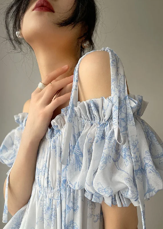 sleek midi dresssleek midi dressBohemian Light Blue Ruffled Wrinkled Print Chiffon Spaghetti Strap Dresses Sleeveless