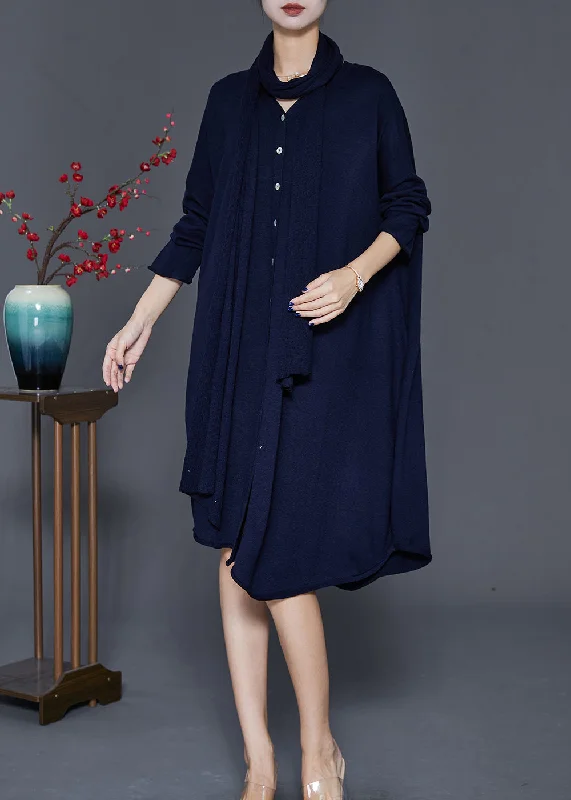 Final Markdown Classy Navy Oversized Complimentary Scarf Knit Mid Dress Fall