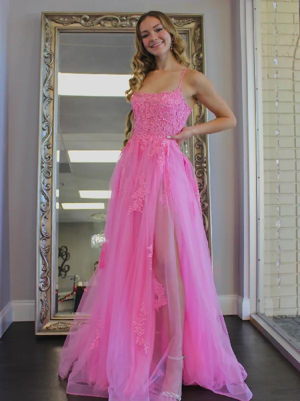 Act Now A Line Backless Pink Lace Long Prom Dresses with High Slit, Backless Pink Formal Dresses, Pink Lace Evening Dresses SP2145 Act Now A Line Backless Pink Lace Long Prom Dresses with High Slit, Backless Pink Formal Dresses, Pink Lace Evening Dresses SP2145