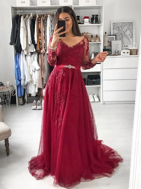 Deal Dash A Line Long Sleeves Lace Burgundy Long Prom Dresses, Long Sleeves Burgundy Lace Formal Dresses, Burgundy Lace Evening Dresses Deal Dash A Line Long Sleeves Lace Burgundy Long Prom Dresses, Long Sleeves Burgundy Lace Formal Dresses, Burgundy Lace Evening Dresses