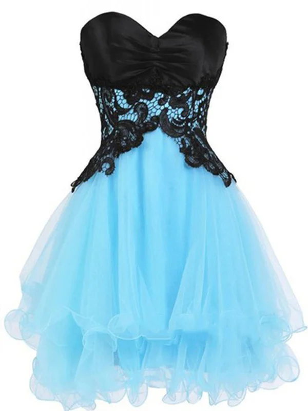 Act Now Custom Made Sweetheart Neck Short Blue Prom Dress with Black Lace Flower, Short Blue Homecoming Dress, Graduation Dress Act Now Custom Made Sweetheart Neck Short Blue Prom Dress with Black Lace Flower, Short Blue Homecoming Dress, Graduation Dress