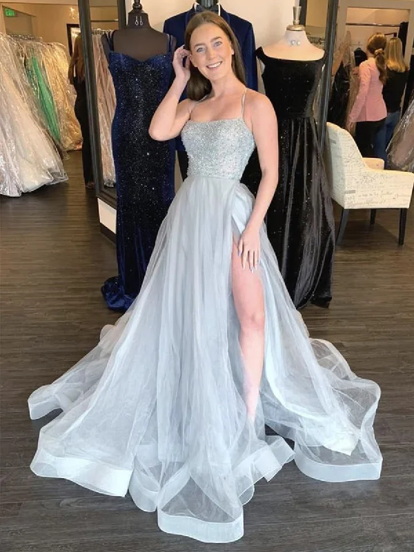 Value Deals A Line Spaghetti Straps Grey Beaded Long Prom Dresses with High Split, Grey Formal Graduation Evening Dresses with Beads Value Deals A Line Spaghetti Straps Grey Beaded Long Prom Dresses with High Split, Grey Formal Graduation Evening Dresses with Beads
