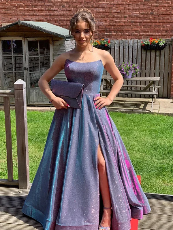 Price Rollback Bling Bling Backless Purple Long Prom Dresses with High Slit, Backless Purple Formal Graduation Evening Dresses SP2132