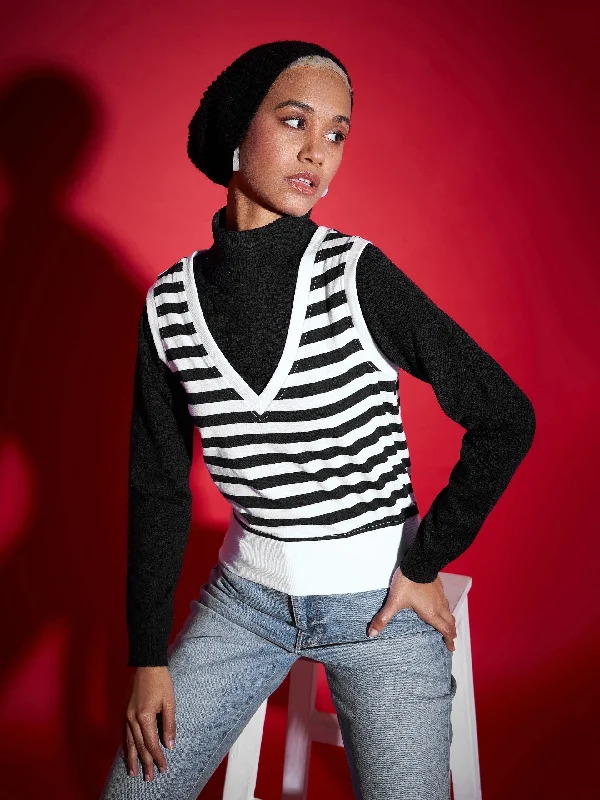 pullover workout hoodieWomen Black & White Striped V-Neck Sleeveless Sweater