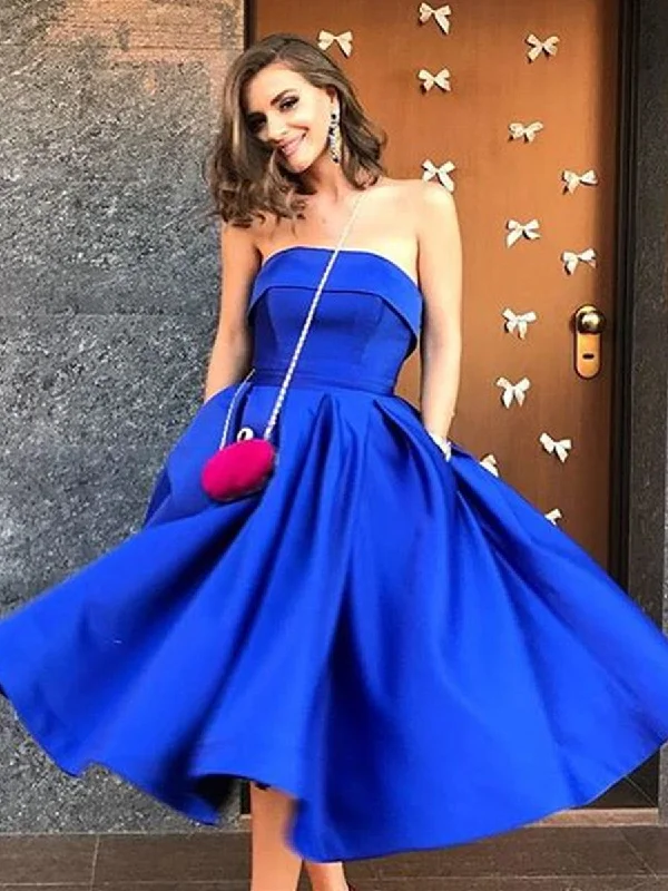 Limited Time Offer A Line Strapless Tea Length Royal Blue Satin Prom Dresses with Pockets, Royal Blue Homecoming Dresses, Formal Dresses, Evening Dresses