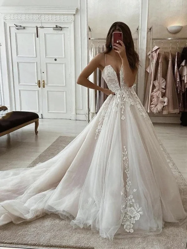 Last Chance Deep V Neck Ivory Lace Prom Dresses with Sweep Train, Ivory Lace Formal Evening Wedding Dresses