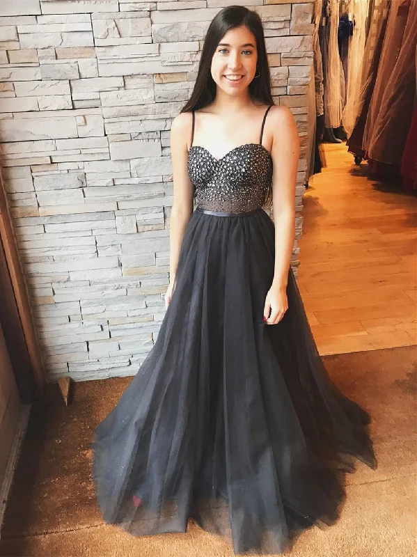 Early Bird Discount Luxurious Sweetheart Neck Rhinestone Black Long Prom Dresses, Spaghetti Straps Black Formal Dresses, Black Evening Dresses