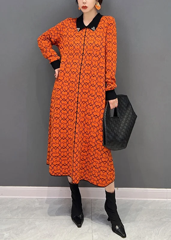 stylish party dressstylish party dressBrief Orange Peter Pan Collar Print Knit Shirt Dress Winter