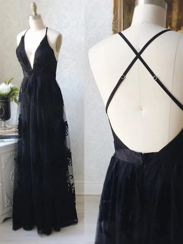 Special Offer V Neck Backless Black Lace Long Prom Dresses, Backless Black Formal Dresses, Black Lace Evening Dresses