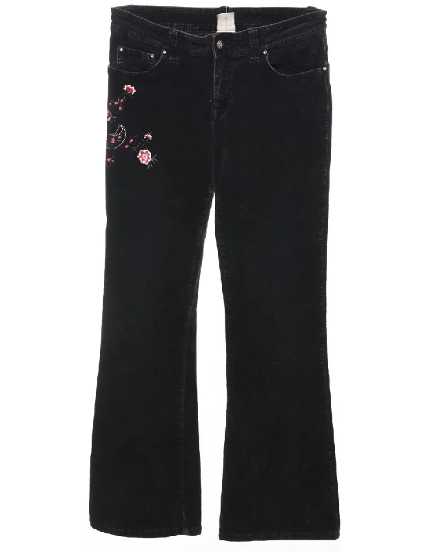 Now or Never Black  Embroidered Floral 1990s Flared Trousers - W30 L30