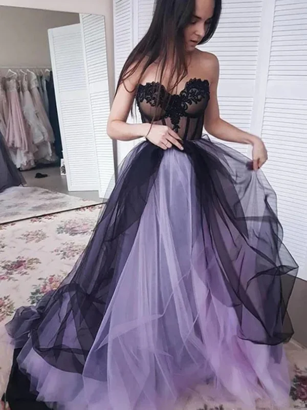 ruffle dressruffle dressLovely Strapless Black and Purple Tulle Lace Long Prom Dresses, Black and Purple Tulle Formal Graduation Evening Dresses SP2905