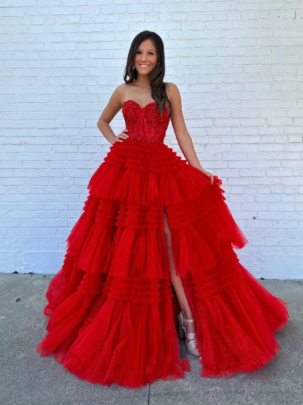 shift dressshift dressStrapless Red Lace Long Prom Dresses with High Slit, Red Lace Formal Dresses, Long Red Evening Dresses SP3066