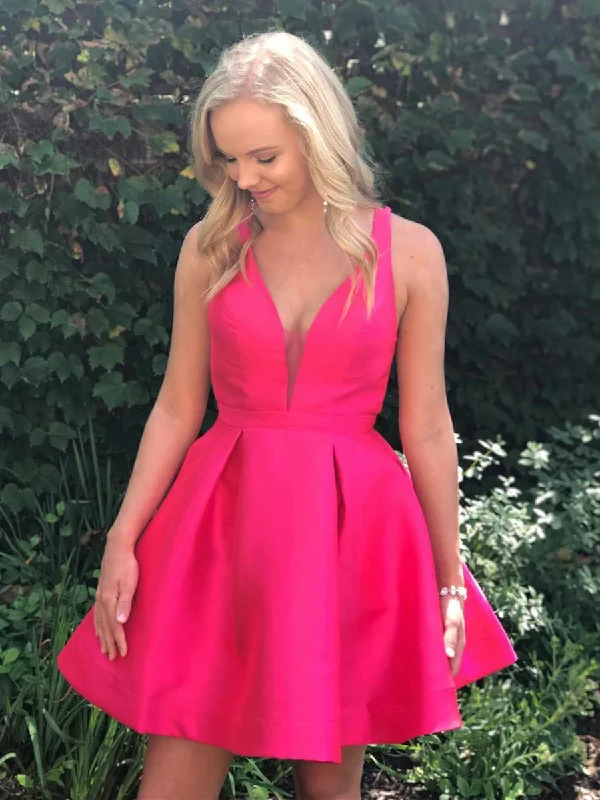 Quick Sale Cute V Neck Open Back Fuchsia Short Prom Dresses Homecoming Dresses, Fuchsia Short Formal Dresses, Fuchsia Graduation Evening Dresses