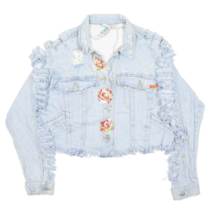 Weekend Deal JORDACHE Distressed Beaded Denim Jacket Blue 90s Floral Womens M
