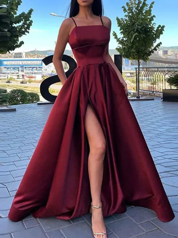 The Best Prices A Line Burgundy/Black/Red Satin Long Prom Dresses with High Slit, Long Burgundy/Black/Red Formal Graduation Evening Dresses SP2465