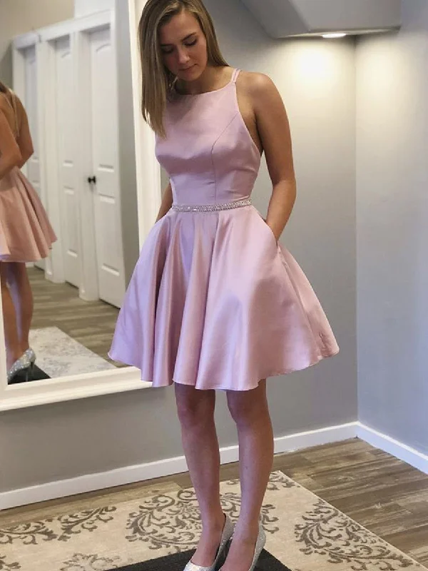 party-ready dressparty-ready dressCute Backless Pink Satin Short Prom Dresses with Pocket, Short Pink Formal Graduation Homecoming Dresses