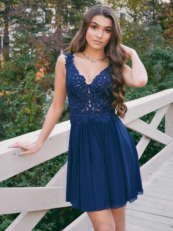 Midnight Sale Elegant V Neck Navy Blue Lace Short Prom Dresses Homecoming Dresses, Lace Navy Blue Formal Graduation Evening Dresses