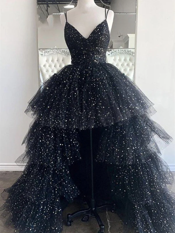 Extra Savings High Low V Neck Black Tulle Long Prom Dresses, High Low Black Formal Evening Dresses