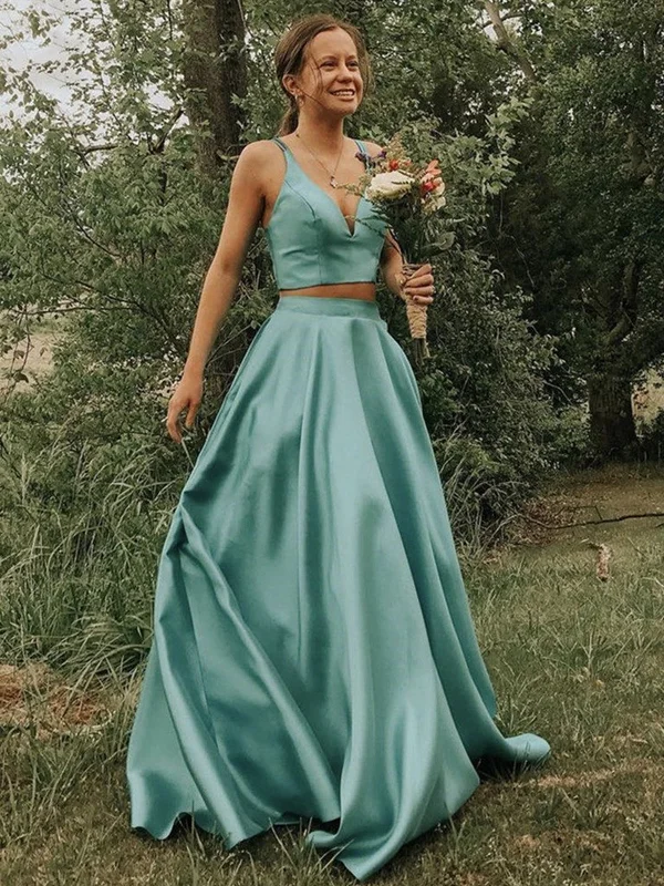 Act Now A Line V Neck 2 Pieces Green Satin Long Prom Dresses, Two Pieces Green Long Formal Evening Dresses Act Now A Line V Neck 2 Pieces Green Satin Long Prom Dresses, Two Pieces Green Long Formal Evening Dresses