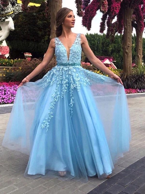Deal Explosion A Line V Neck Light Blue Lace Long Prom Dresses 2020, Light Blue Lace Formal Dresses, Light Blue Evening Dresses