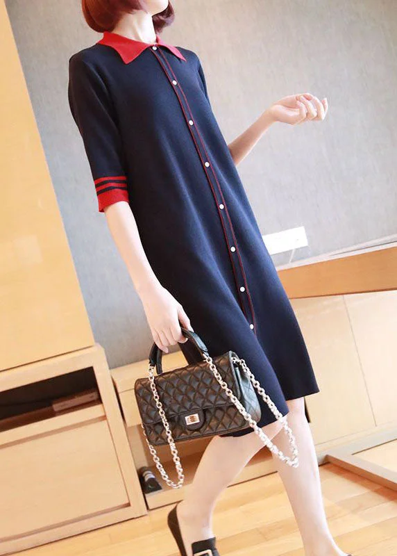 statement dressstatement dressCasual Navy Peter Pan Collar Button Knitted Dresses Half Sleeve