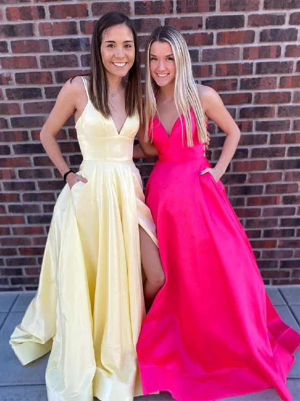 Instant Discount V Neck Backless High Slit Yellow/Hot Pink Long Prom Dresses with Pockets, Yellow/Hot Pink Formal Graduation Evening Dresses