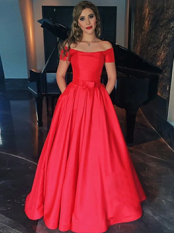 Can't Miss A Line Off Shoulder Red Satin Long Prom Dresses, Red Off Shoulder Formal Dresses, Red Evening Dresses Can't Miss A Line Off Shoulder Red Satin Long Prom Dresses, Red Off Shoulder Formal Dresses, Red Evening Dresses