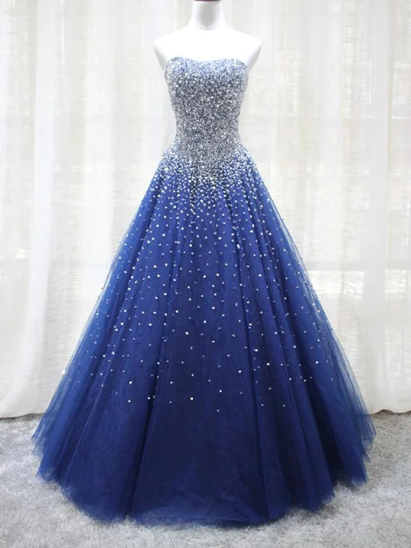 Anniversary Sale Shiny Sequins Strapless Blue Long Prom Dresses, Sparkly Blue Formal Evening Dresses, Blue Ball Gown SP2136