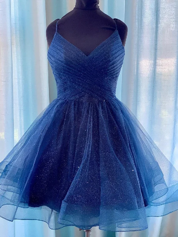 Price Slash Shiny V Neck Navy Blue Short Prom Dresses Homecoming Dresses, V Neck Navy Blue Formal Graduation Evening Dresses