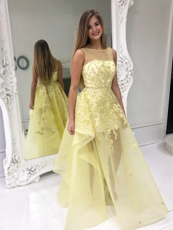 Anniversary Sale Stylish Round Neck Yellow Lace Floral Prom Dresses, Yellow Lace Formal Graduation Evening Dresses