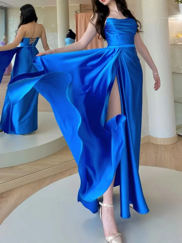 Act Fast Open Back Royal Blue Long Prom Dresses with High Slit, Long Blue Formal Graduation Evening Dresses SP2451