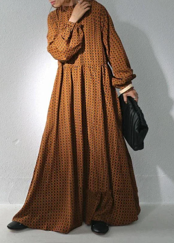 form-fitting dressform-fitting dressBrown Dot Print Chiffon Maxi Dresses Stand Collar Wrinkled Long Sleeve