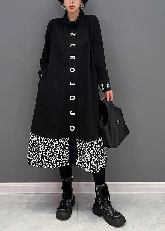 elegant dresselegant dressWomen Black Stand Collar Patchwork Print Cotton Vacation Dresses Spring