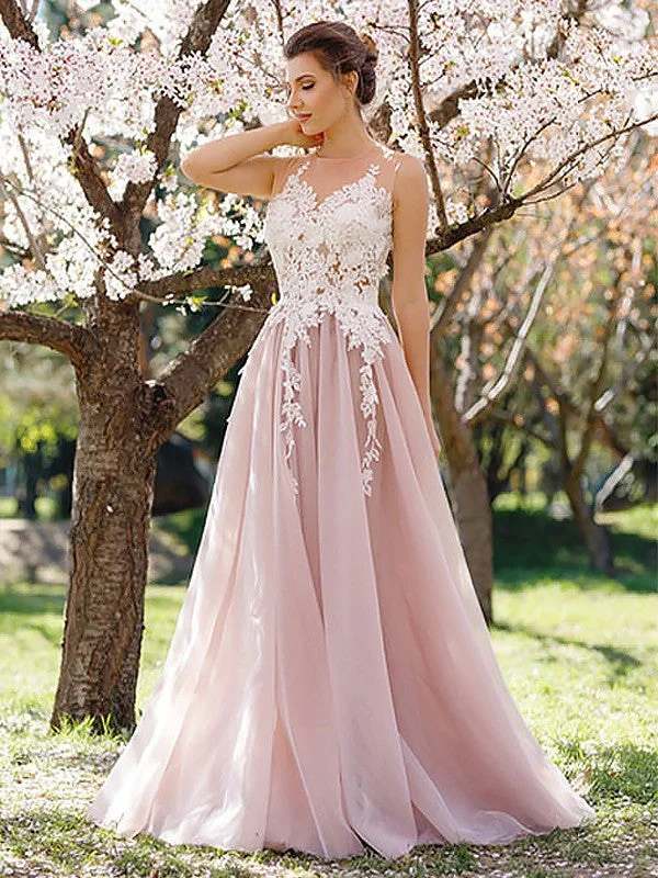 Hot Deal A Line Round Neck White Lace Pink Tulle Long Prom Dresses, Pink Formal Dresses, Evening Dresses Hot Deal A Line Round Neck White Lace Pink Tulle Long Prom Dresses, Pink Formal Dresses, Evening Dresses