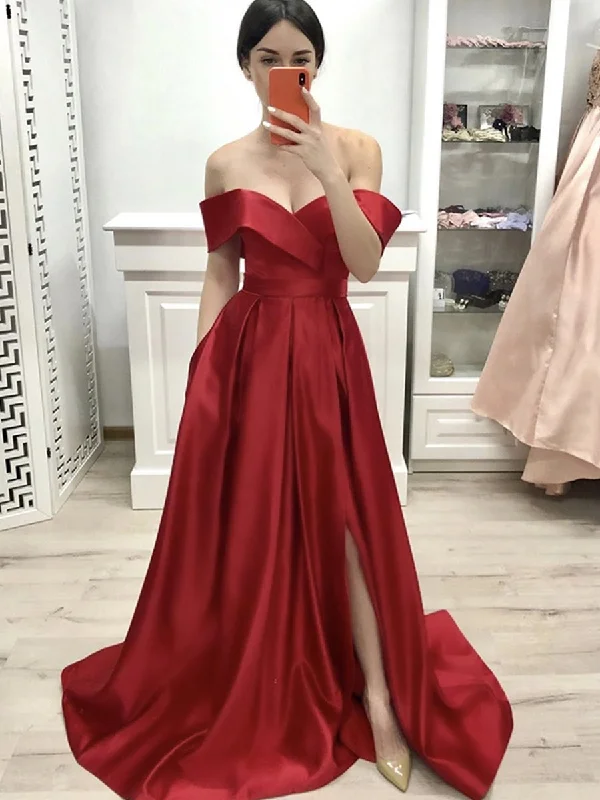 Deep Discounts Custom Made Off Shoulder Red Satin Long Prom Dresses with Slit, Off the Shoulder Red Formal Dresses, Red Evening Dresses Deep Discounts Custom Made Off Shoulder Red Satin Long Prom Dresses with Slit, Off the Shoulder Red Formal Dresses, Red Evening Dresses