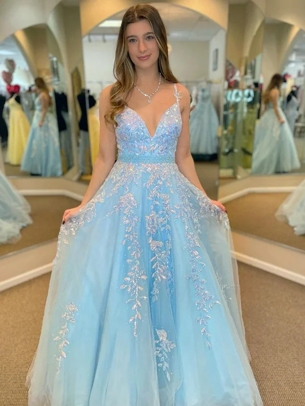 modern dressmodern dressA Line V Neck Open Back Beaded Blue Lace Long Prom Dresses with Belt, Blue Lace Formal Dresses, Beaded Blue Evening Dresses SP2387