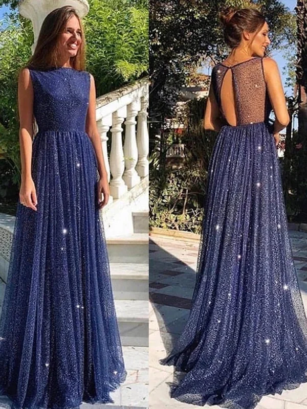 Deal of the Day Shiny A Line Round Neck Navy Blue Long Prom Dresses, Round Neck Navy Blue Formal Dresses, Navy Blue Evening Dresses
