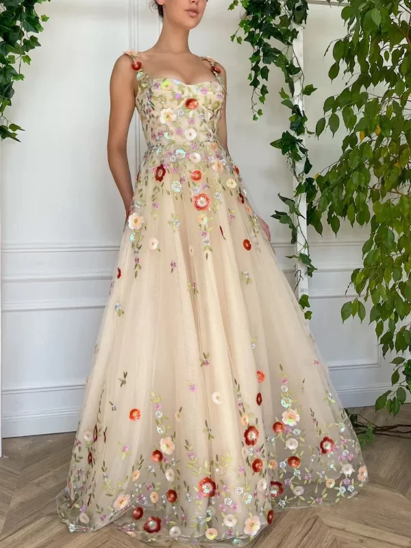 bohemian dressbohemian dressA Line Champagne Tulle Floral Long Prom Dresses, Champagne Formal Graduation Evening Dresses with 3D Flowers SP2630