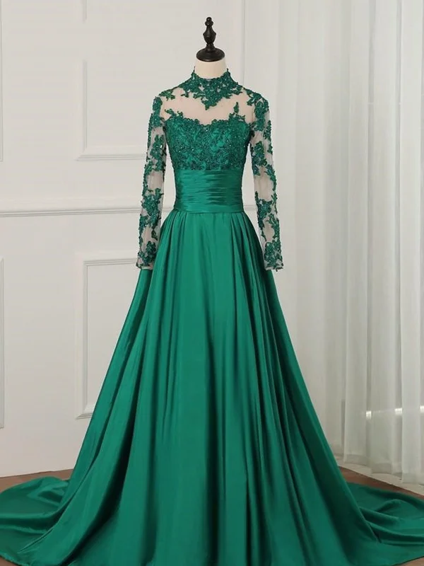 Weekend Flash Sale Long Sleeves High Neck Green Lace Prom Dresses, Green Lace Formal Dresses, Green Evening Dresses SP2178
