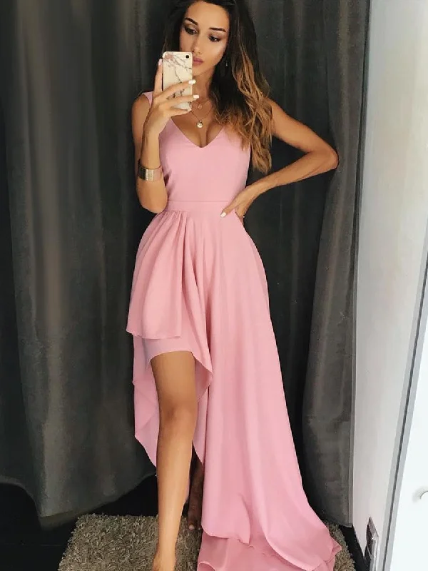 Instant Discount A Line V Neck High Low Pink Long Prom Dresses, Pink Formal Dresses, Simple Pink Evening Dresses 2019