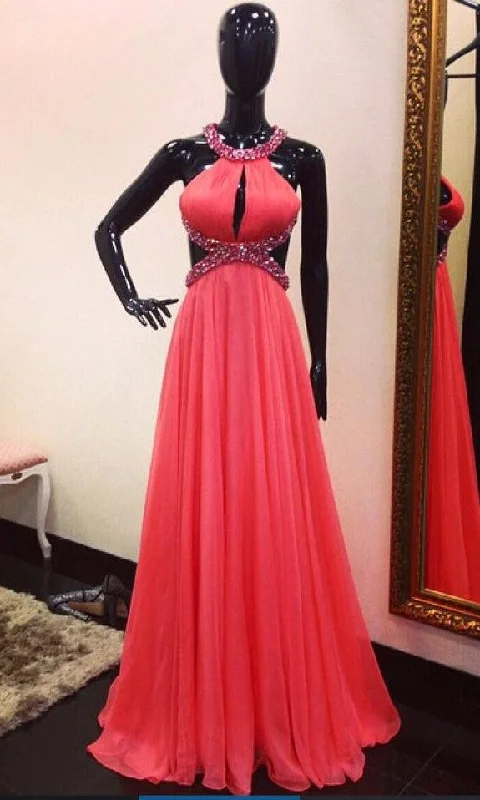 elegant evening dresselegant evening dressFashion Sexy Open Back Beaded Coral Prom Dress