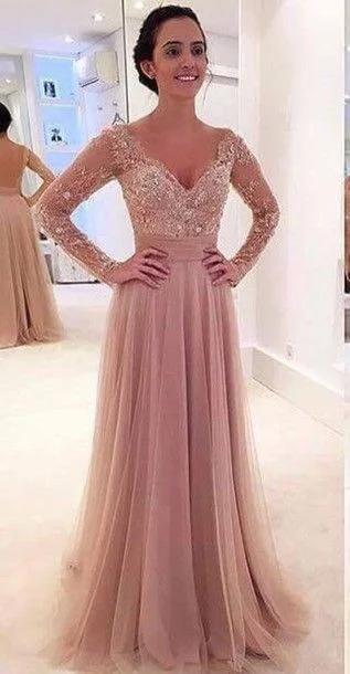 cocktail dresscocktail dressSexy Open Back Long Sleeve Lace Blush Evening Dress