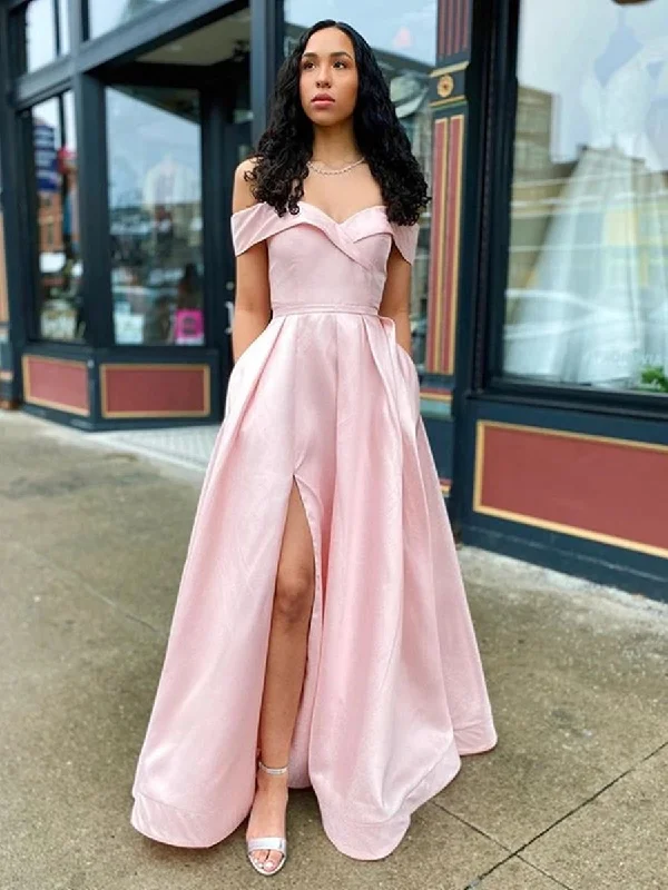 Lowest Prices Simple Off Shoulder Pink Long Prom Dresses with Slit, Off Shoulder Pink Formal Dresses, Pink Evening Dresses