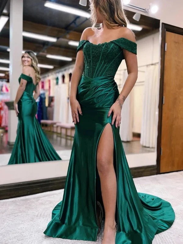 shift dressshift dressOff Shoulder Green Lace Mermaid Long Prom Dresses with High Slit, Green Lace Formal Dresses, Mermaid Green Evening Dresses SP2550