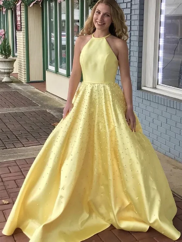 Extra Savings A Line Yellow Satin Beaded Long Prom Dresses, Yellow Formal Graduation Evening Dresses Extra Savings A Line Yellow Satin Beaded Long Prom Dresses, Yellow Formal Graduation Evening Dresses